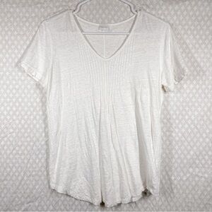 Poetry White Pleated Linen Short Sleeve V Neck Top